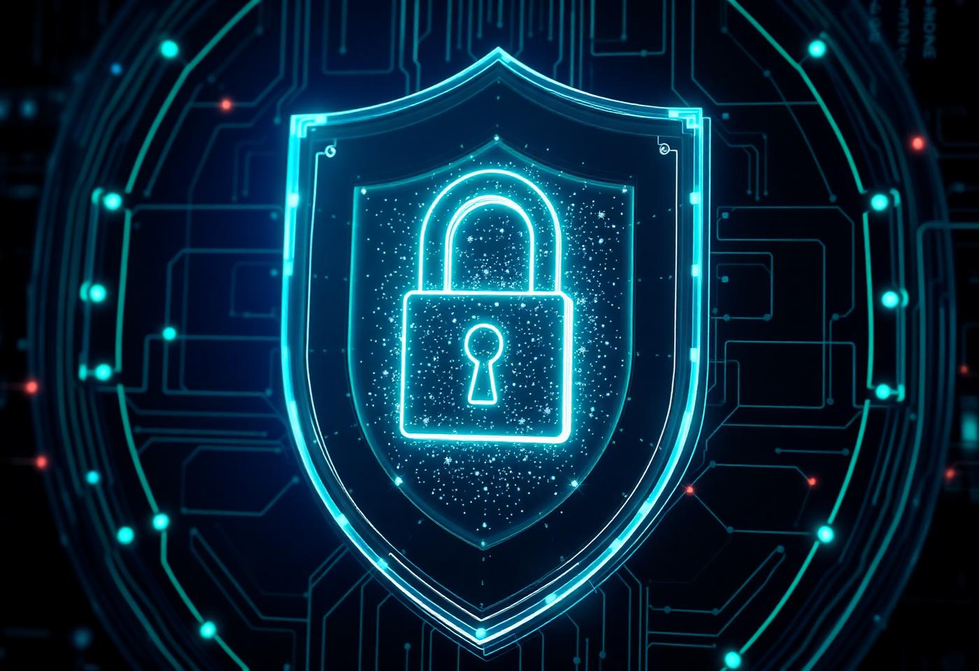 Glowing shield with padlock representing security controls