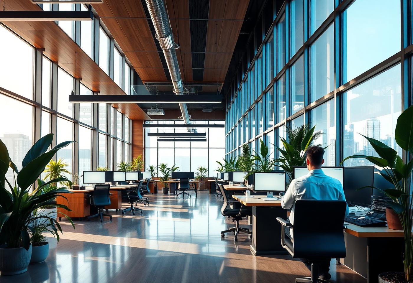 Open engineering office with engineers at modern workstations